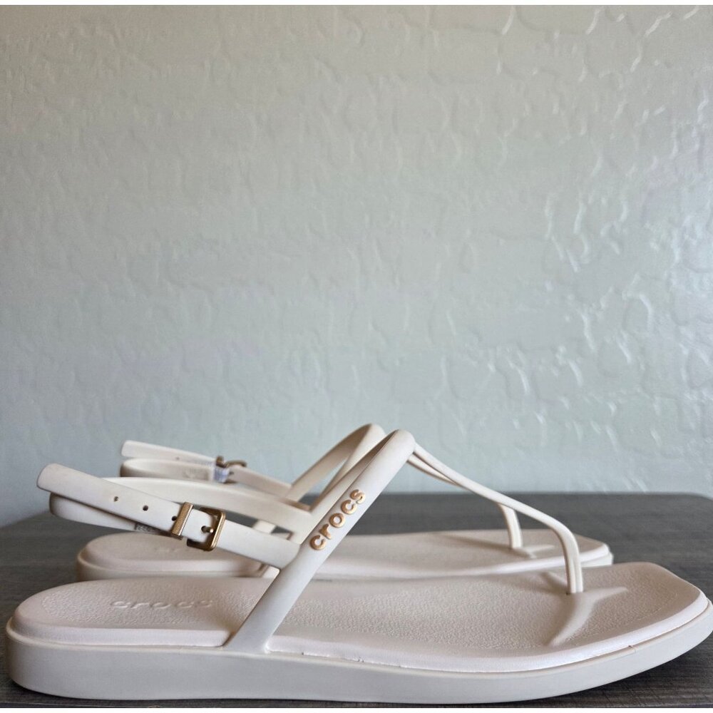 CROCS Women's Ivory T-Strap Slingback Sandals with Gold Logo Accent